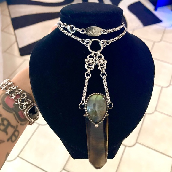 labradorite & Smokey crystal quartz maille stainless steel boho goth necklace - Picture 15 of 15